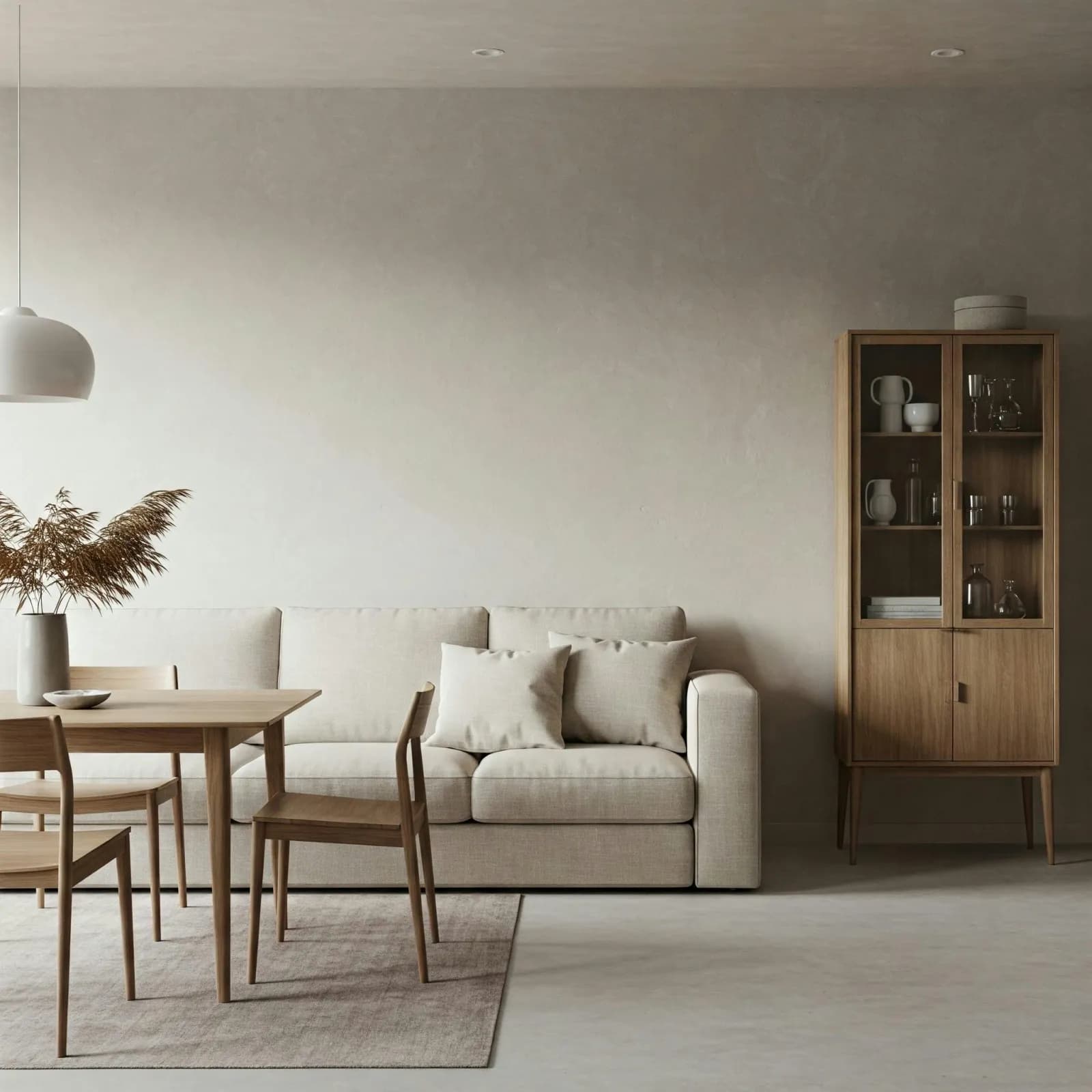 Rolig stue med sofa, spisebord og trevitrine i varme, dempede toner